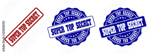 SUPER TOP SECRET scratched stamp seals in red and blue colors. Vector SUPER TOP SECRET imprints with scratced texture. Graphic elements are rounded rectangles, rosettes, circles and text tags.