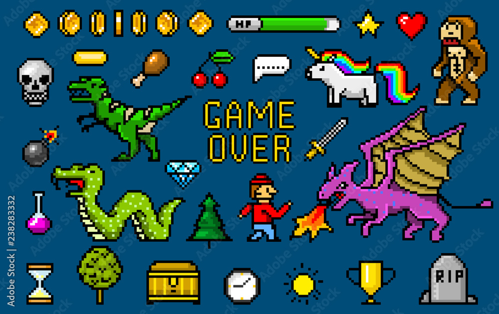 Pixel art 8 bit objects. Retro game assets. Set of icons. vintage computer video arcades. characters dinosaur pony rainbow unicorn snake dragon monkey and coins, Winner's trophy. vector illustration.