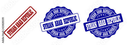 SYRIAN ARAB REPUBLIC grunge stamp seals in red and blue colors. Vector SYRIAN ARAB REPUBLIC marks with draft surface. Graphic elements are rounded rectangles, rosettes, circles and text labels.
