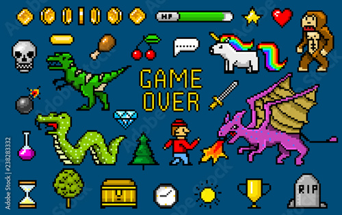 Pixel art 8 bit objects. Retro game assets. Set of icons. vintage computer video arcades. characters dinosaur pony rainbow unicorn snake dragon monkey and coins  Winner s trophy. vector illustration.