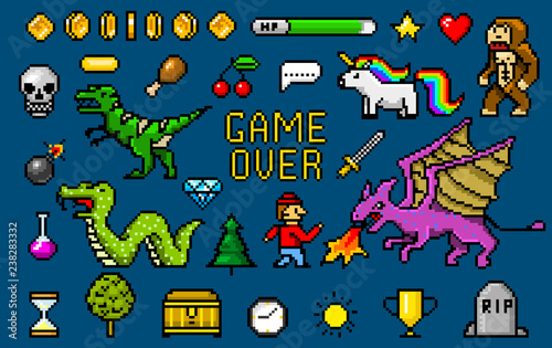 Pixel art 8 bit objects. Retro game assets. Set of icons. vintage computer video arcades. characters dinosaur pony rainbow unicorn snake dragon monkey and coins, Winner's trophy. vector illustration.