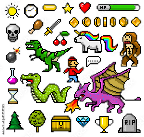 Pixel art 8 bit objects. Retro game assets. Set of icons. vintage computer video arcades. characters dinosaur pony rainbow unicorn snake dragon monkey and coins, Winner's trophy. vector illustration.