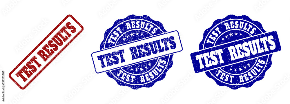 TEST RESULTS scratched stamp seals in red and blue colors. Vector TEST RESULTS overlays with scratced style. Graphic elements are rounded rectangles, rosettes, circles and text titles.