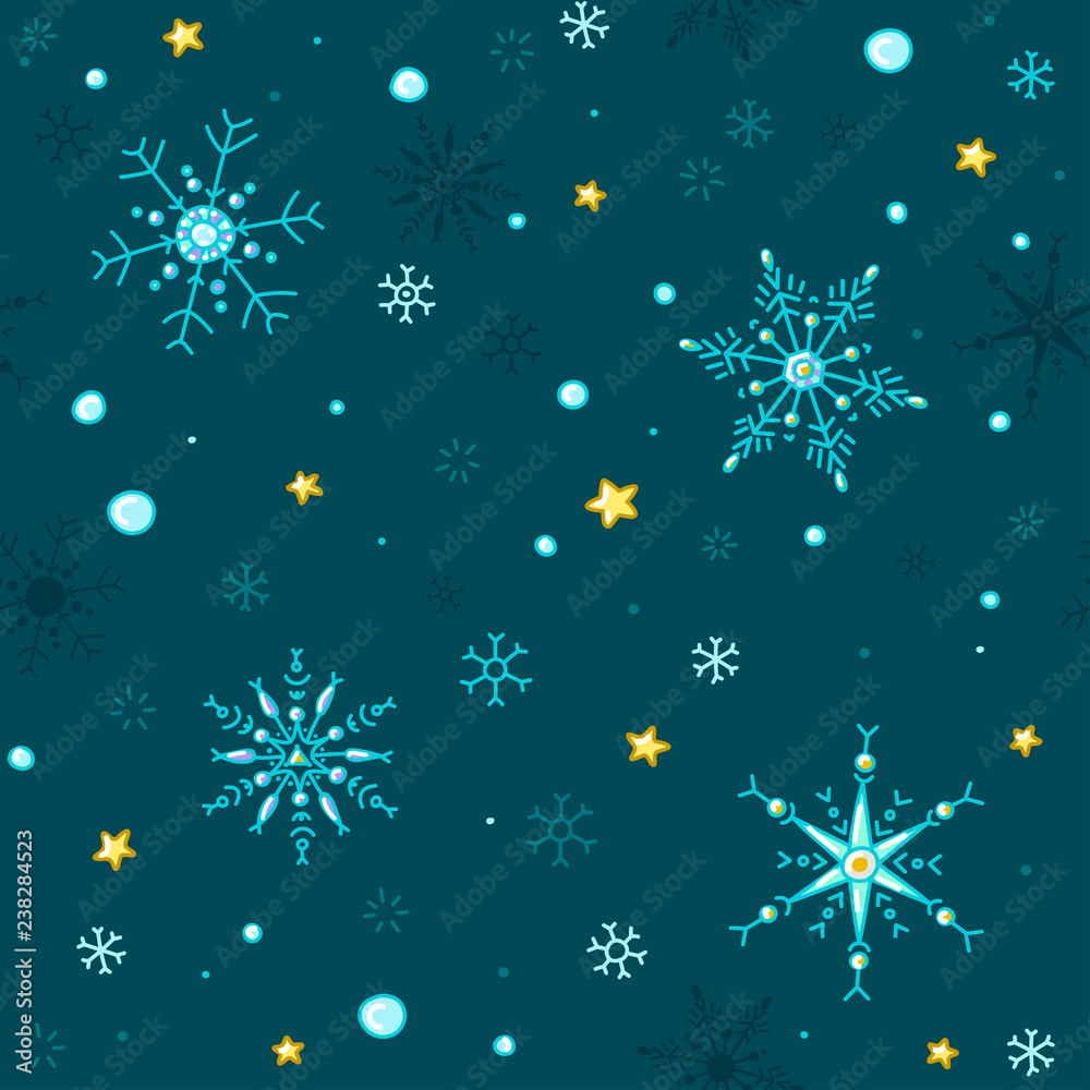 Fototapeta Doodle style vector snowflakes and stars seamless background