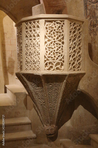 The middle ages pulpit with mudejar (arabic style) decorations and glyphs in the Ermita de la Virgen del Castillo in the rural town of Monterde, Spain
