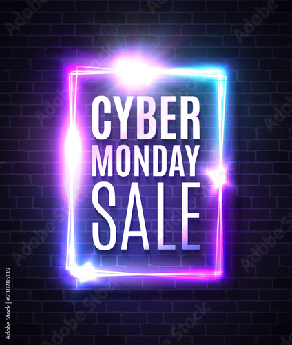 Cyber Monday sale banner in neon laser rectangle background. Shining square sign on dark blue brick texture wall with explosion firework. Discount card design template. Light vector illustration.