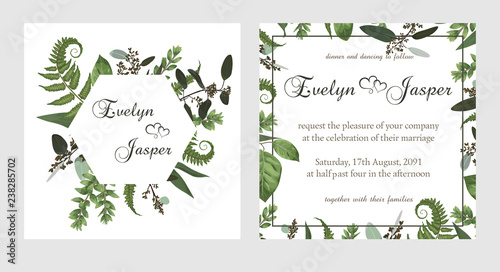 set for wedding invitation, greeting card, save date, banner. Vintage square, round frame with green fern leaf, boxwo od and eucalyptus sprigs isolated on white background