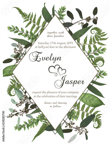 Wedding floral invite card. Vector watercolor green forest leaf, fern, branches boxwood, buxus, eucalyptus. Flowers of yellow, white lily, gerbera, dahlia. Decorative round frame, rhomb, geometric