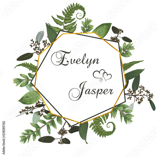 Wedding floral invitation, invite card. Vector watercolor style, forest fern, branches boxwood, buxus. Vertical decorative geometric golden frame
