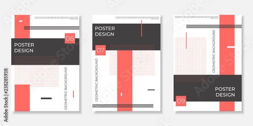 Covers templates set with geometric elements in black and trendy coral colors.