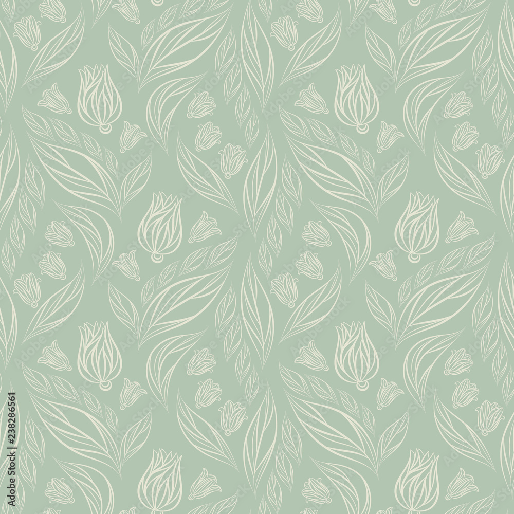 Seamless vector floral pattern with abstract flowers and leaves in white colors on pastel gray-green background Seamless vector floral pattern with abstract flowers and leaves in white colors on pastel gray-green background