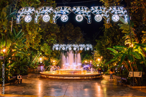 Christmas decoration. Park decorated for Christmas. Marbella, Andalusia, Spain. Picture taken – 9 december 2018.