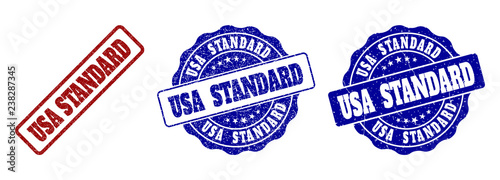 USA STANDARD scratched stamp seals in red and blue colors. Vector USA STANDARD overlays with scratced surface. Graphic elements are rounded rectangles, rosettes, circles and text tags.