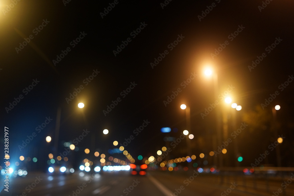 Bokeh Lights in the night on street of Madrid, Spain