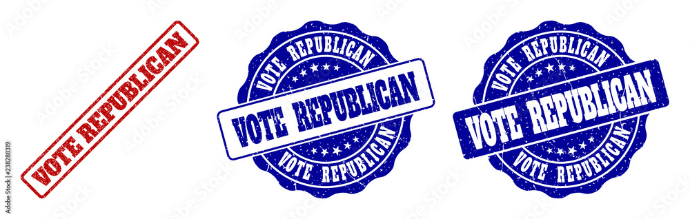 Fototapeta premium VOTE REPUBLICAN scratched stamp seals in red and blue colors. Vector VOTE REPUBLICAN imprints with grunge texture. Graphic elements are rounded rectangles, rosettes, circles and text labels.