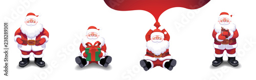 Set of cartoon Christmas illustrations isolated on white. Funny happy Santa Claus character with gift, bag, present, cup of Chocolate, sitting and flying. Christmas cards, banners, tags and labels.