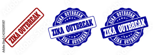 ZIKA OUTBREAK grunge stamp seals in red and blue colors. Vector ZIKA OUTBREAK signs with grunge texture. Graphic elements are rounded rectangles, rosettes, circles and text labels.