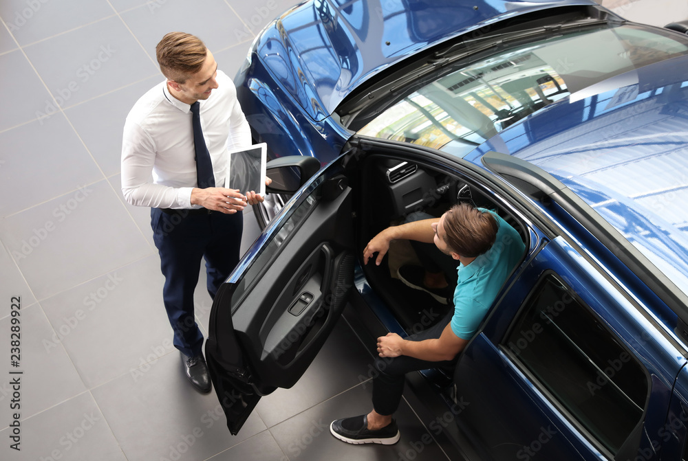 Fototapeta premium Young car salesman working with client in dealership