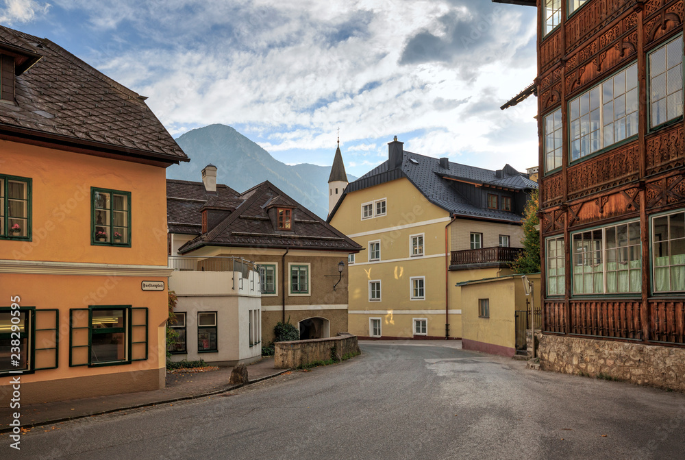 Historical centre of the town of Bad Aussee during sunset. Bad Aussee, region Salzkammergut, state of Styria, Austria, Europe.