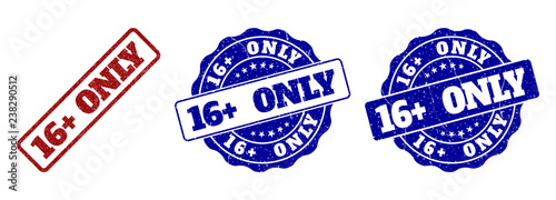 16+ ONLY grunge stamp seals in red and blue colors. Vector 16+ ONLY overlays with grunge texture. Graphic elements are rounded rectangles, rosettes, circles and text tags.