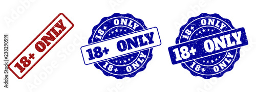 18+ ONLY grunge stamp seals in red and blue colors. Vector 18+ ONLY signs with grunge style. Graphic elements are rounded rectangles, rosettes, circles and text labels.