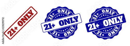 21+ ONLY grunge stamp seals in red and blue colors. Vector 21+ ONLY signs with grunge texture. Graphic elements are rounded rectangles, rosettes, circles and text tags.