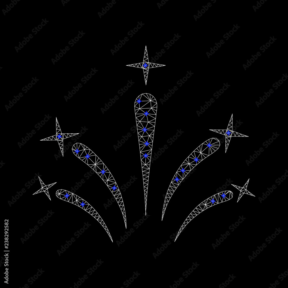 Mesh star fireworks icon and blue diamonds. White star fireworks model on a black background. Abstract wire frame mesh structure. Mesh star fireworks icon and blue diamonds. White star fireworks model on a black background. Abstract wire frame mesh structure.
