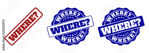 WHERE? grunge stamp seals in red and blue colors. Vector WHERE? imprints with grunge surface. Graphic elements are rounded rectangles, rosettes, circles and text captions.