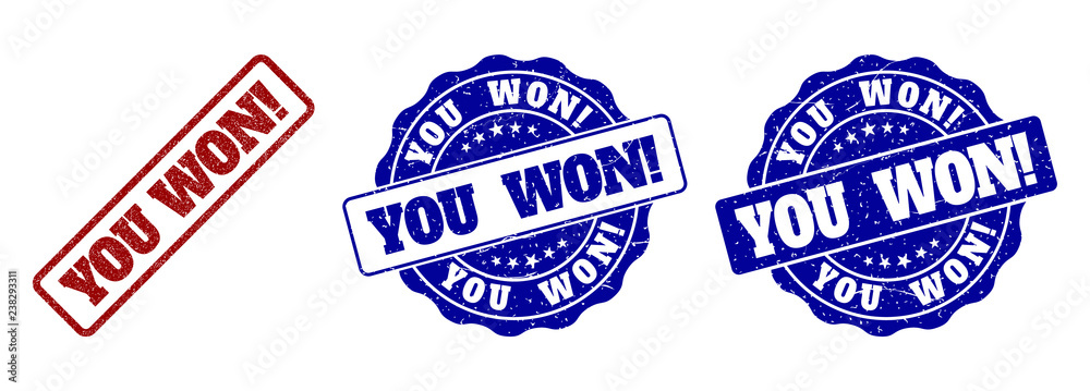 YOU WON! grunge stamp seals in red and blue colors. Vector YOU WON! labels with grunge surface. Graphic elements are rounded rectangles, rosettes, circles and text labels. YOU WON! grunge stamp seals in red and blue colors. Vector YOU WON! labels with grunge surface. Graphic elements are rounded rectangles, rosettes, circles and text labels.