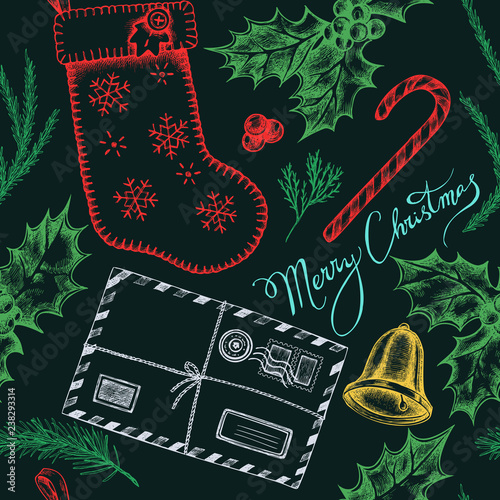 Seamless pattern with colored letters, bells, stocking, lettering, holly, spruce, redwood