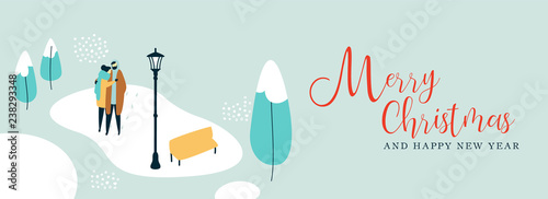 Christmas banner of couple walking in snow