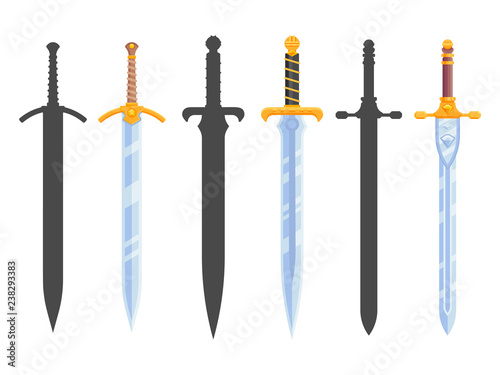 Set of knight swords isolated on white background. Swords in flat style and silhouettes. Vector illustration
