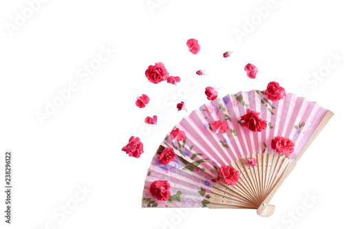 Paperfan Sprinkle with red roses Chinese blow Japanese fans Wood blower  Ancient paper isolated on white background  clipping path.