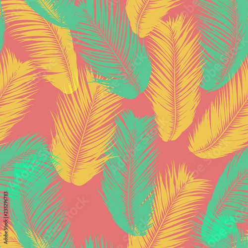 Vector Coconut Tree. Tropical Seamless Pattern with Palm Leaf. Exotic Jungle Plants Abstract Background. Simple Silhouette of Tropic Leaves. Trendy Coconut Tree Branches for Textile, Fabric, Wallpaper © ingara