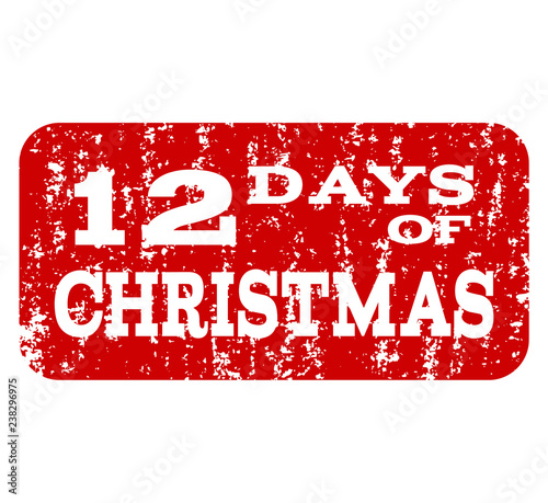Grunge red 12 DAYS OF CHRISTMAS stamp seal. Vector 12 DAYS OF CHRISTMAS rubber seal with scratced style. Isolated red colored watermark on a white background.