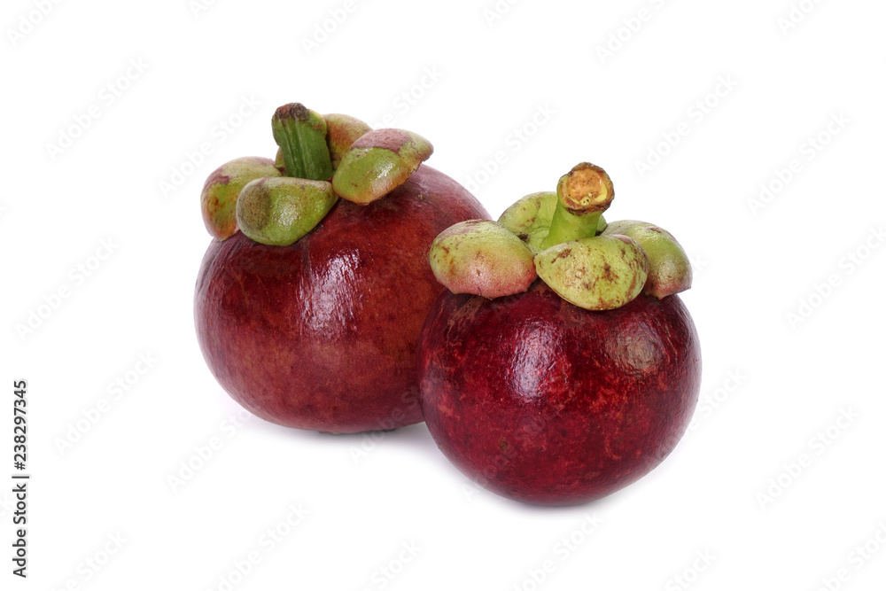 Fototapeta premium Mangosteen isolated on white background. Mangosteen, the famous exotic delicious tropical fruits from Thailand. Mangosteen also known as Queen of fruits.