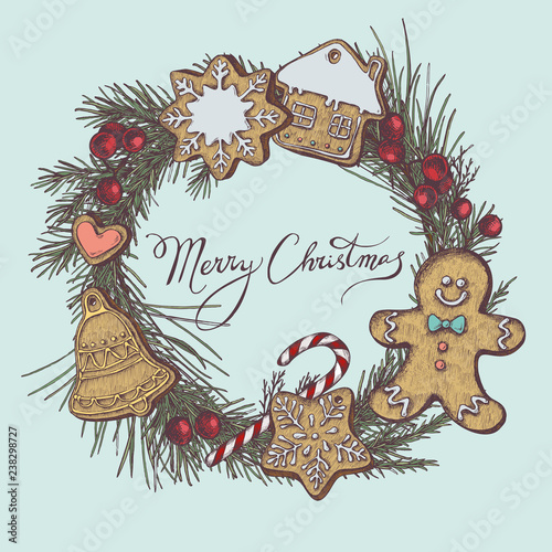 Vector composition with colored gingerbread men, gingerbread, lollipop, rowan, lettering, pine branch, spruce, redwood