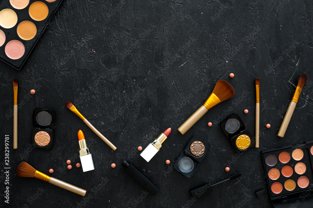 Professional cosmetics set with palette of eyeshadows on dark background top view mockup Professional cosmetics set with palette of eyeshadows on dark background top view mockup