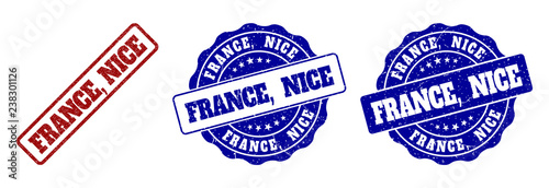 FRANCE, NICE scratched stamp seals in red and blue colors. Vector FRANCE, NICE labels with draft style. Graphic elements are rounded rectangles, rosettes, circles and text labels.