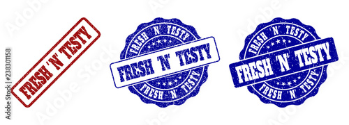 FRESH 'N' TESTY grunge stamp seals in red and blue colors. Vector FRESH 'N' TESTY signs with grunge surface. Graphic elements are rounded rectangles, rosettes, circles and text titles.
