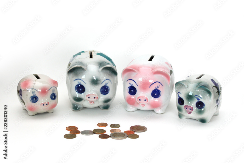 four piggy bank watching coin on white floor four piggy bank watching coin on white floor