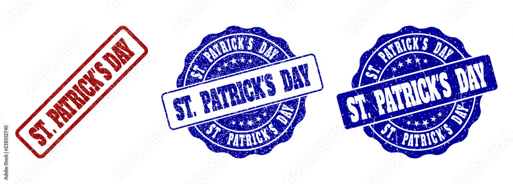 ST. PATRICK'S DAY grunge stamp seals in red and blue colors. Vector ST. PATRICK'S DAY marks with grunge texture. Graphic elements are rounded rectangles, rosettes, circles and text captions.