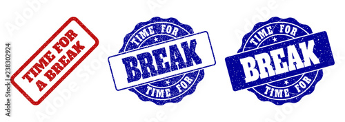 TIME FOR A BREAK grunge stamp seals in red and blue colors. Vector TIME FOR A BREAK labels with grunge effect. Graphic elements are rounded rectangles, rosettes, circles and text labels.