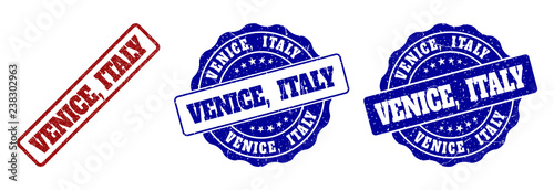 VENICE, ITALY grunge stamp seals in red and blue colors. Vector VENICE, ITALY labels with scratced effect. Graphic elements are rounded rectangles, rosettes, circles and text labels.