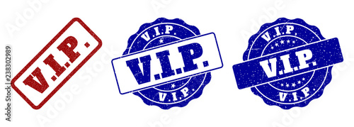 V.I.P. grunge stamp seals in red and blue colors. Vector V.I.P. imprints with grunge style. Graphic elements are rounded rectangles, rosettes, circles and text labels.