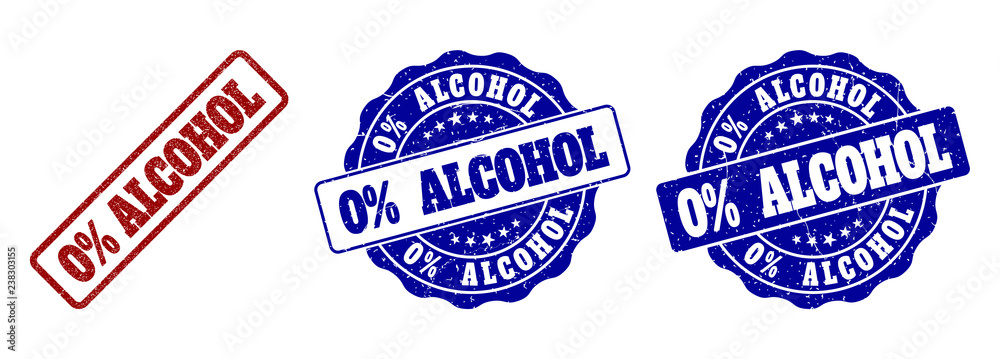 0% ALCOHOL scratched stamp seals in red and blue colors. Vector 0% ALCOHOL imprints with grainy style. Graphic elements are rounded rectangles, rosettes, circles and text titles.