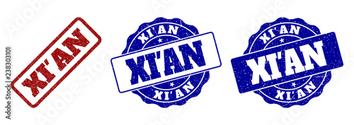 XI'AN grunge stamp seals in red and blue colors. Vector XI'AN labels with grunge effect. Graphic elements are rounded rectangles, rosettes, circles and text titles.