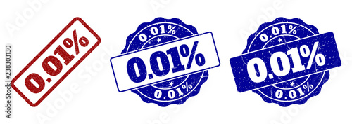 0.01% grunge stamp seals in red and blue colors. Vector 0.01% labels with scratced style. Graphic elements are rounded rectangles, rosettes, circles and text labels.