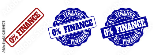 0% FINANCE grunge stamp seals in red and blue colors. Vector 0% FINANCE imprints with draft surface. Graphic elements are rounded rectangles, rosettes, circles and text titles.