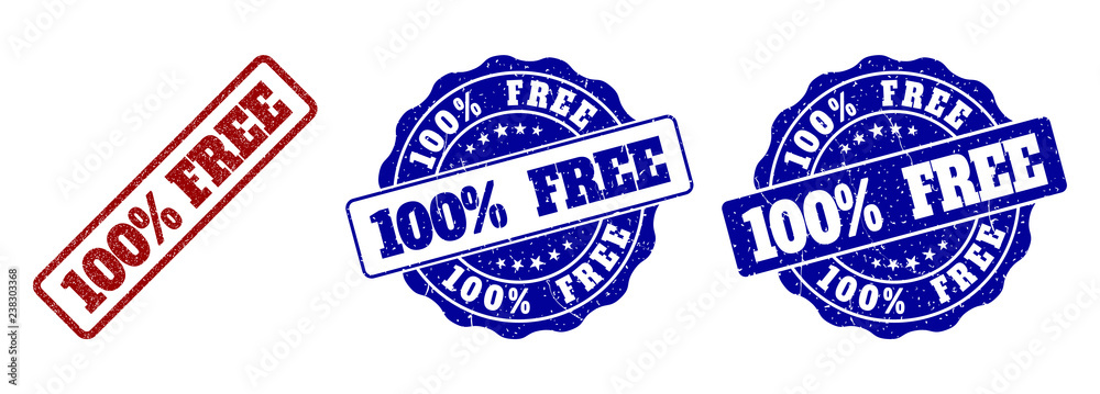 100% FREE grunge stamp seals in red and blue colors. Vector 100% FREE signs with grunge effect. Graphic elements are rounded rectangles, rosettes, circles and text labels.
